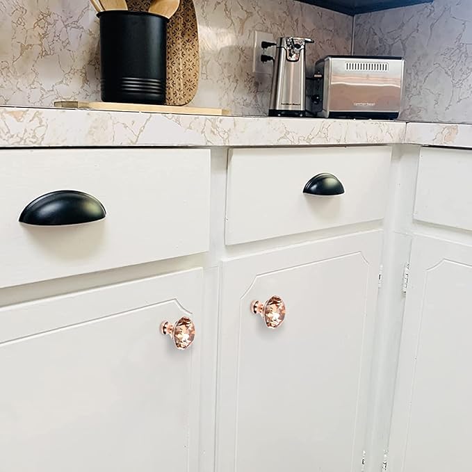 JUXYES 8 Pack 40mm Glass Crystal Cabinet Handles Knobs, Rose Gold Diamond Glass Handle Decorative Drawer Knob Modern Cupboard Door Handle Knobs for Dresser Drawer Cabinet Closet