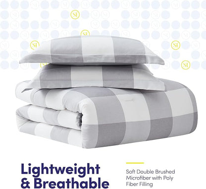 7 Piece Comforter Set Bag Solid Color All Season Soft Down Alternative Blanket & Luxurious Microfiber Bed Sheets, King, Checkered Box