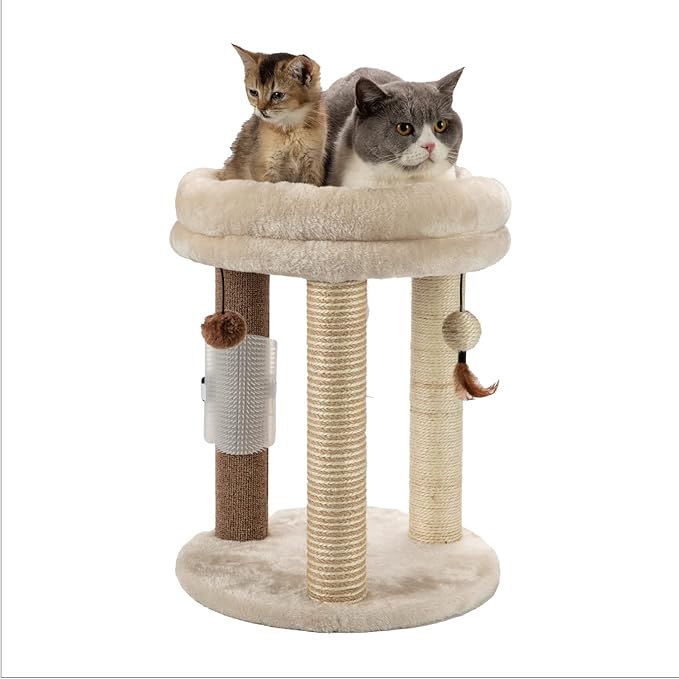 MECOOL 4in1 Small Cat Tree,Scratching Post with Tower Soft Bed, Sisal Carpet Jute Posts with Three Hanging Ball Toys and Massage Brush for Indoor Cats and Kittens-Mewly Pet