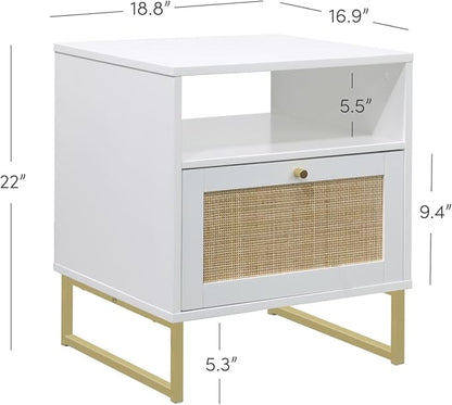 Nathan James Mina Rattan Wood End Side Accent Table Nightstand with Storage for Living Room or Bedroom, 1, White/Gold