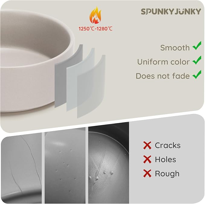 SPUNKYJUNKY Ceramic Dog and Cat Bowl Set with Wooden Stand, Modern Cute Weighted Food Water Set for Large Size Dogs (7.6 Cups, 2 × Grey)-Mewly Pet