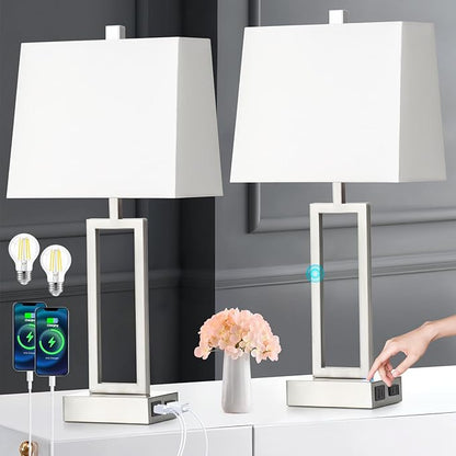 Touch Control Table Lamps for Living Room, 3-Way Dimmable Modern Table Lamp with USB A+C Charging Ports & AC Outlets, Bedside Contemporary Nightstand Desk Lamps with Fabric White Shade for Bedrooms