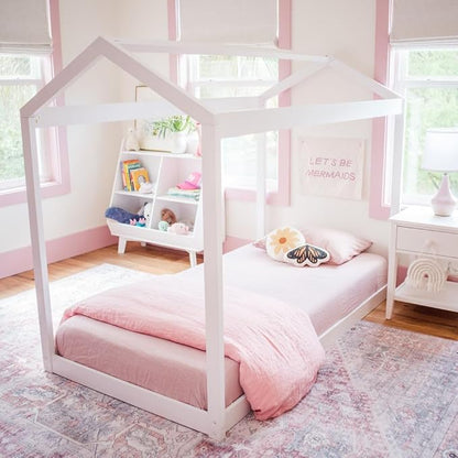 Max & Lily Twin Floor House Bed, Modern Solid Wood Low Bed Frame for Kids, Montessori Floor Bed for Bedroom, Playroom, Wooden Slats, White