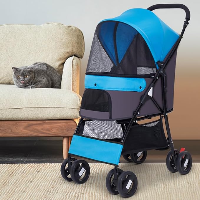 Sunny Sonny Foldable Jogger Pet Stroller with Weather Cover Storage Basket Pet Travel Carrier for S/M Dogs Cats up to 33lbs (Blue)-Mewly Pet