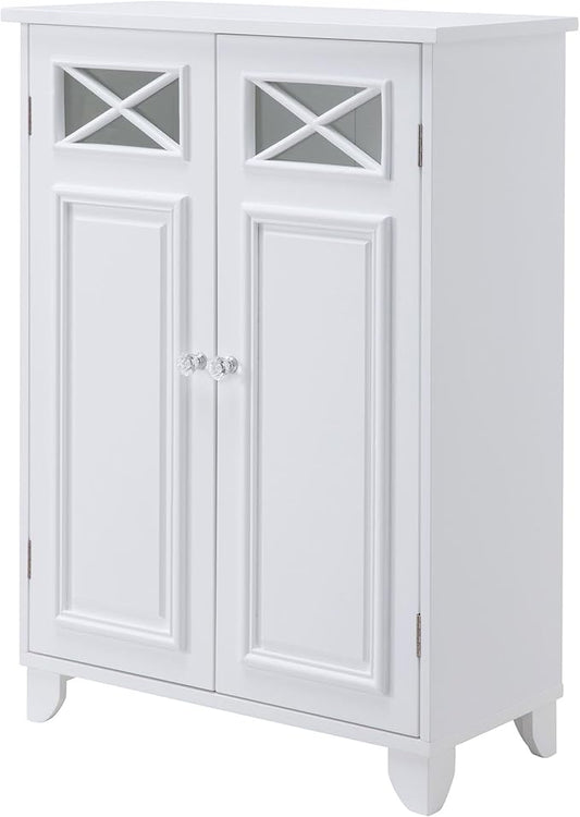 Teamson Home Dawson Wooden Freestanding Floor Cabinet with 1 Fixed 1 Adjustable Shelves 3 Storage Spaces 2 Glass Paneled Doors and 2 Clear Knobs, White