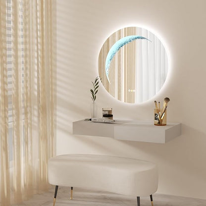 28'' Round Bathroom Mirror with Light, Frameless Circle Mirror with Backlit & Half Moonlight, Anti-Fog, Tempered Glass, Dimming LED Vanity Mirrors for Oversink, Bedroom, Wall Decor, Entryway