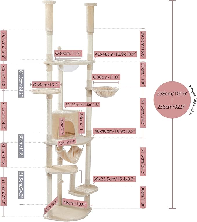 PEQULTI Floor to Ceiling Cat Tree 92.9’’-101.6’’ Height Adjustable Cat Tower Tall Kitty Climbing Play House with Scratching Posts, Cozy Condo, Perches and Large Hammock for Indoor Cats Beige-Mewly Pet