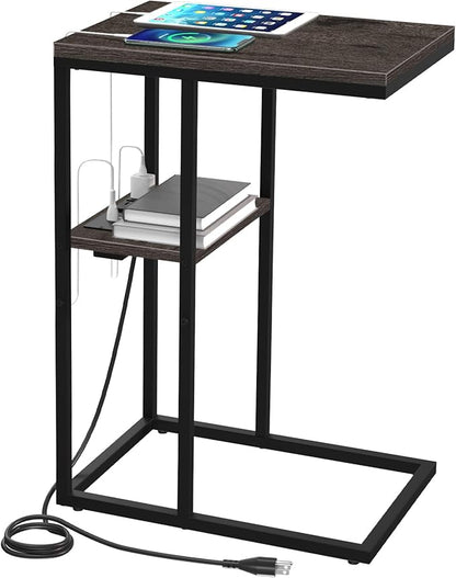 Yoobure C Shaped End Table with Charging Station for Living Room, Bedroom, Sofa Table with USB Ports and Outlets for Small Spaces, C Couch Rustic Snack Bed Table, Charcoal Gray