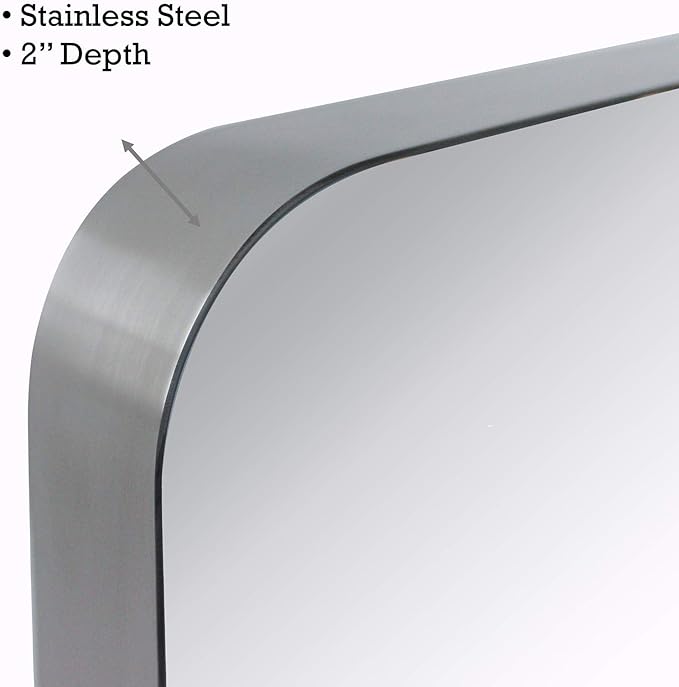 TEHOME 24x36 inch Brushed Nickel Silver Metal Framed Bathroom Mirror for Wall in Stainless Steel Silver Rounded Rectangular Bathroom Vanity Mirrors Wall Mounted…