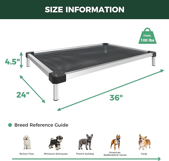 FXW TitanNest Chew-Proof Elevated Dog Bed, Raised Cot for Indoor/Outdoor/Camping Use, Durable & Waterproof Cooling Pet Bed for Small Dogs, 36.0" L x 24.0" W x 4.5" H, Black-Mewly Pet