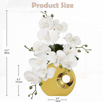 Briful Artificial Orchid Flowers in Gold Pot 15.7" Tall White Faux Orchid Arrangement Silk Orchid Flower Fake Orchids Centerpiece for Home Office Room Wedding Table Décor