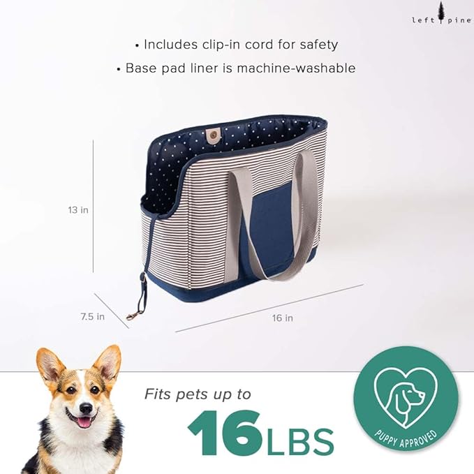 LeftPine x P.L.A.Y. Deluxe Dog Carrier Purse - Soft Sided Pet Travel Tote for Small Dogs & Puppies up to 16 Pounds - Built-in Safety Leash, Machine Washable Liner, Exterior Pocket (Navy Striped)-Mewly Pet