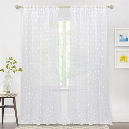 MYSKY HOME Living Room Pom Pom Sheer Curtains - White, Light Filtering, 95Inch Length, Rod Pocket, 52 x 95 inch, 2 Pieces