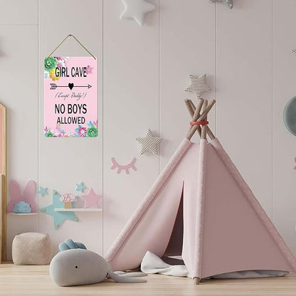 Wood Girl Cave Sign, 8x12 Inch, No Boys Allowed for Girl Bedroom Decor