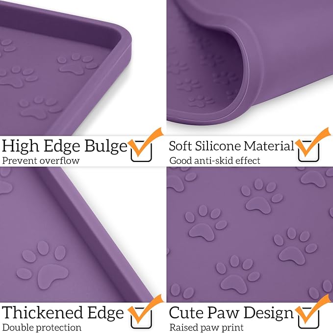 Ptlom Dog Food Mat Anti-Slip Bowl Mats for Food and Water, Waterproof Silicone Pet Placemat with High Raised Edges, Non-Slip Puppy Feeding Tray for Small, Medium Large Cats Dogs, Purple, 11.8"x11.8"-Mewly Pet