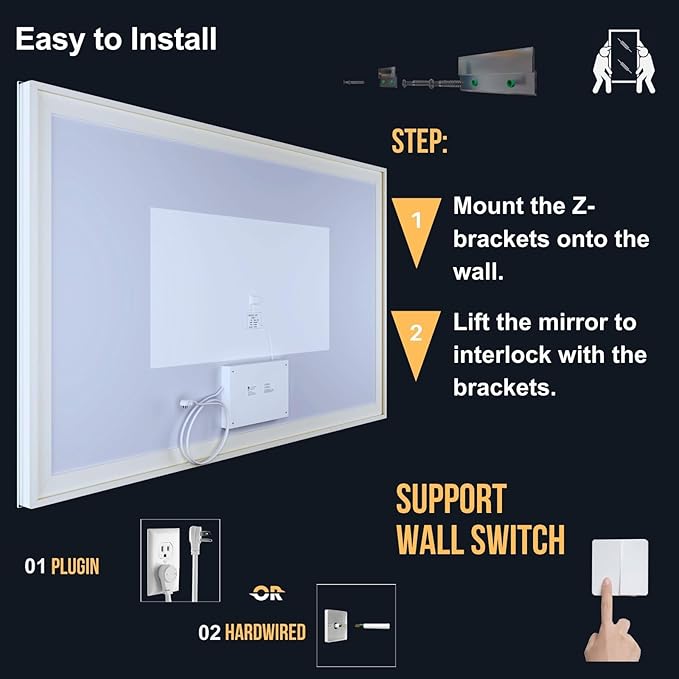 LED Bathroom Mirror 55"x 30",Front Lit and Backlit Bathroom Mirror with Lights,Stepless Dimmable,Anti-Fog, Shatter-Proof, Memory, 3 Colors Lighted Vanity Mirror (Horizontal/Vertical)