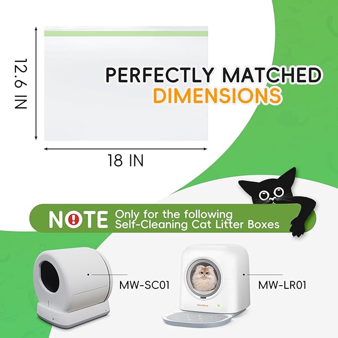 60 Pack Cat Litter Box Liners for Meo Want SC01, MW-SC02, MW-LR01,1.5 Mil Thick Drawstring Heavy Duty Leak-proof Disposable Smart Self-Cleaning Litter Box Robot Waste Drawer Trash Bags 18" x 12.6"-Mewly Pet