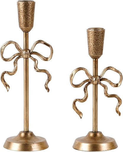 NIKKY HOME Gold Bow Iron Taper Candle Holders Set of 2, Vintage Decorative Tall Candlesticks Centerpieces Decor for Dining Room Table Wedding Party Mantle Fireplace Housewarming Gift