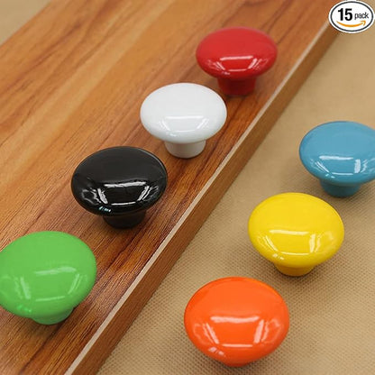HUAMULAN 15PCS Glossy Ceramic Knobs Button Round Mushroom Cabinet Dresser Vintage Pulls Door Handles Cupboard Wardrobe Drawer, Dia. 1.5 inch 38mm, Mixed Color