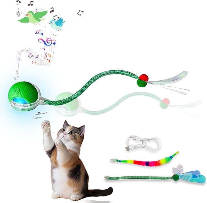 New Upgraded Cat Ball Toy - Speedy Tail 2.0 Cat Toy, Interactive Cat Toy Ball, Stimulating Toys and Juguetes para Gatos, Cat Toys for Bored Indoor（Sound Switchable） (Green)-Mewly Pet