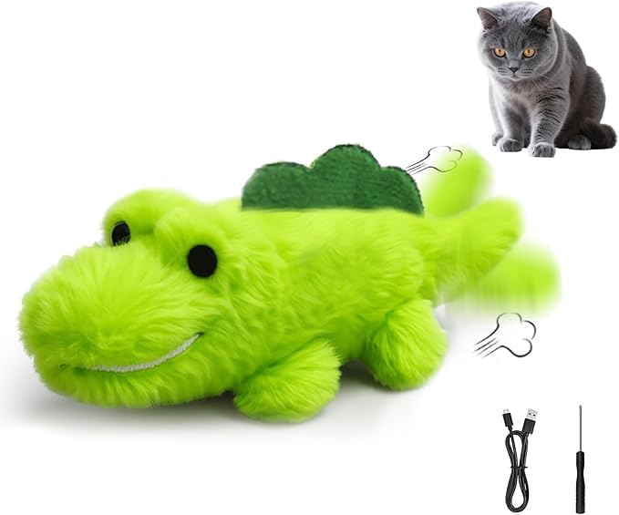 Interactive Cat Toys for Indoor Cats - Automatic Moving Cat Chase Toy for Bored Indoor Adult Cats - 360° Random Movement, Tail Wagging & Catnip Stimulation - Electric Croc(Long Plush)-Mewly Pet