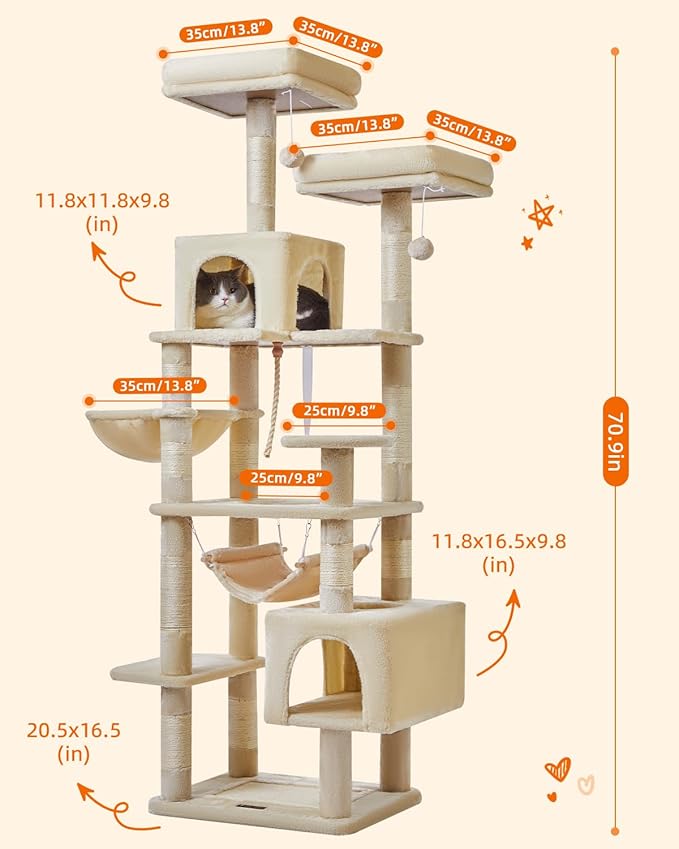 Taoqimiao Cat Tree, 71-Inch Cat Tree Cat Tower for Indoor Cats, Plush Multi-Level Cat Condo with 10 Scratching Posts, 2 Perches,Basket, 2 Caves,Hammock, 2 Pompoms,MS020M Beige-Mewly Pet
