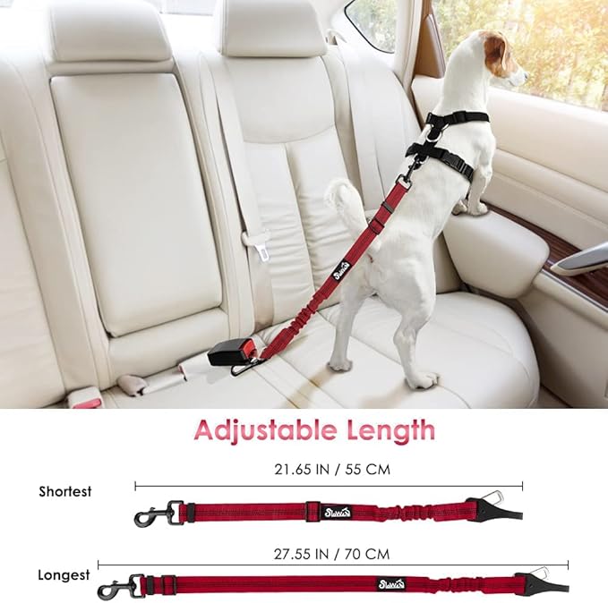 SlowTon 2 Pack Dog Seat Belt, 2 in 1 Attachment, Hook Latch Bar or Seatbelt Buckle with Elastic Nylon Bungee Buffer Adjustable Reflective Nylon Safety Belt Tether Connect to Dog Harness (2pack-R)-Mewly Pet