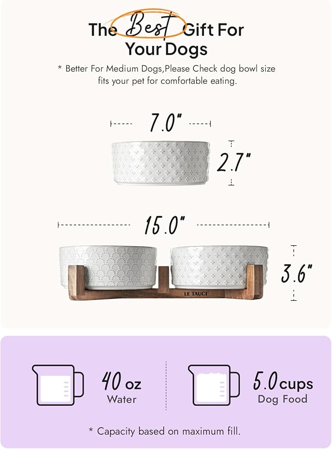 LE TAUCI Ceramic Dog Bowls with Acacia Wood Stand - 7 Inch Food & Water Set for Medium-Large Dogs - Weighted Pet Bowls-Mewly Pet