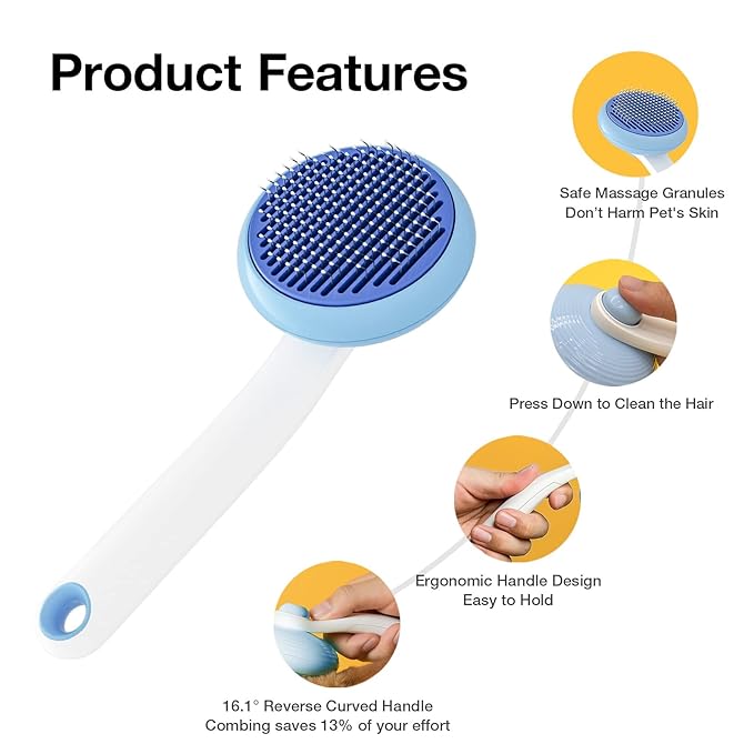 Self-Cleaning Slicker Brush for Pet Grooming: Removes Tangles, Loose Undercoat & Mats from Cats & Dogs (Blue)-Mewly Pet