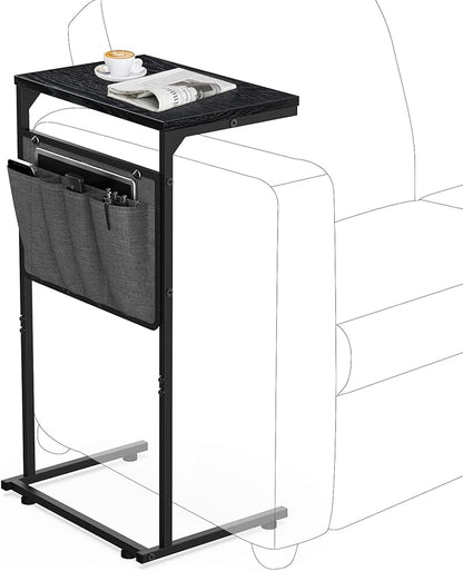 Vantic C Shaped End Table, Small Side Table for Couch and Recliner, Slide Under Sofa Tray Desk with Storage Bag for Living Room and Bedroom, Ebonized Oak