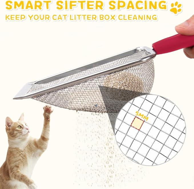 Cat Litter Scoop,Sturdy Litter Cleaner Corner Shovel,Stainless Steel Mesh Litter Shovel,Easy to Clean Reptile Terrarium Sand Waste,Beach Shovel(Red)-Mewly Pet