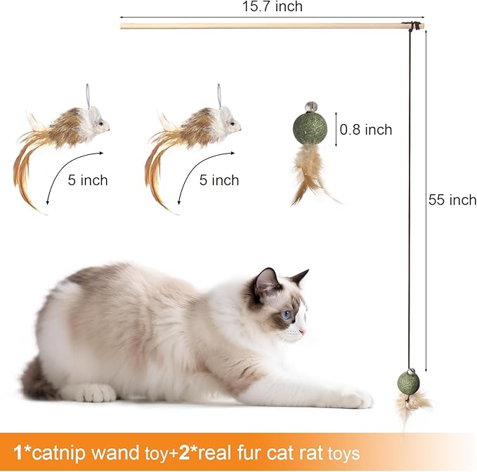 Cat Feather Toys with Catnip Ball, Feathers & Bell - 2 Replaceable Mouse Heads, Elastic Rope & Wooden Handle for Aggressive Kittens, Durable Bite-Proof Interactive Cat Teaser for Indoor Play-Mewly Pet