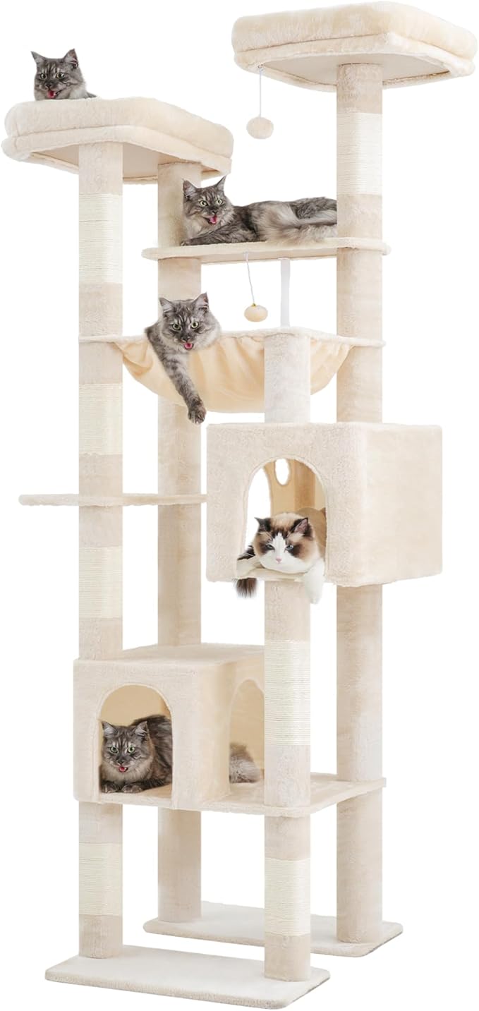 Hey-brother Tall Cat Tree Tower, Heavy Duty Scratching Posts with Large Platforms, Cozy Condos, Big Hammock, Toy Balls, Multi-Level Furniture for Indoor Adult Cats, 80.7 Inches, Beige MPJ039M-Mewly Pet