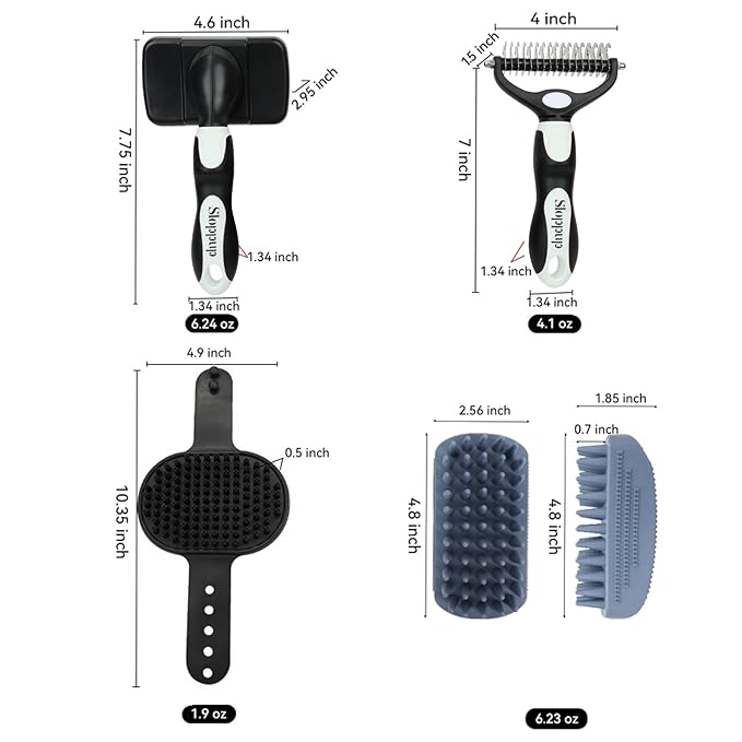 Dog Brush Kit for Grooming Short & Long Haired Dogs & Cats, 4-in-1 Pet Grooming Set with Self-Cleaning Slicker Brush, Deshedding Tool, Shampoo Bath Comb, Massge Comb (White Black)-Mewly Pet