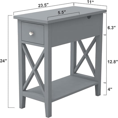 ChooChoo End Table, MDF Material Flip Top Narrow End Table with Drawer, Accent Small Side Table Nightstand for Living Room, Bedroom, and Small Spaces - Gray