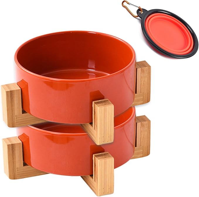 Petygooing Ceramic Dog Cat Bowl Set with Stand - Medium Dog Bowls, Anti-Slip Set of 2 - 28 OZ /3.6 Cups - Rust Red-Mewly Pet