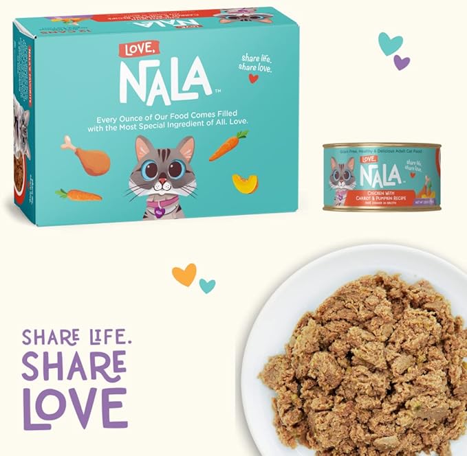 LOVE, NALA - Natural Adult Cat Wet Food - Pate Chicken with Carrot & Pumpkin Recipe- Grain Free, Non-GMO, Lean Protein, Digestive Fiber Blend, Added Minerals & Vitamins - 12 Pack 2.4 lbs.-Mewly Pet