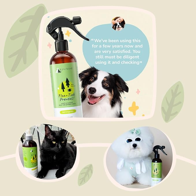 kin+kind Plant-Based Flea & Tick Spray for Dogs and Cats with Lemongrass - Essential for Flea & Tick Treatment - Flea Spray for Dogs and Cats - Pet Supplies 12 fl oz-Mewly Pet