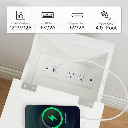 HOOBRO End Table with Charging Station, Narrow Side Table, Flip Top Nightstand with USB Ports and Outlets, Bedside Tables with Shelf for Small Spaces, Living Room, White WT341BZ01