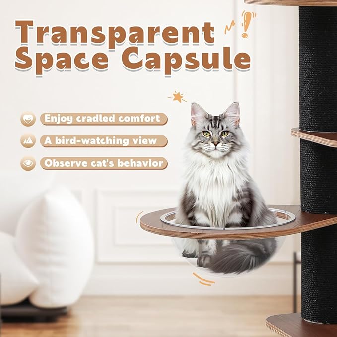 70.9'' Black Cat Tree for Indoor Cats Large Adult, Heavy Duty Cat Tower with Scratching Post, Modern Kitty Tree with Removable Mats, Semi-closed Condo and Transparent Bowl, Wooden Luxury Cat Furniture-Mewly Pet