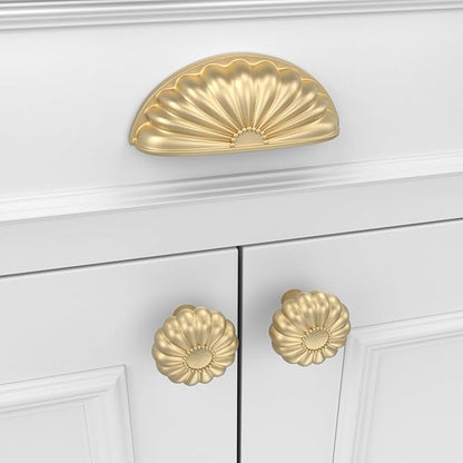 goldenwarm 2 Pack Gold Cabinet Handles Drawer Pulls Finger Edge Pull for Half Moon Cup Luxury Hardware 3" Hole Center Brushed Brass Knobs