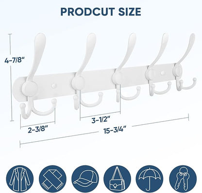 TICONN Wall Mounted Coat Rack, Five Heavy Duty Tri Hooks All Metal Construction for Jacket Coat Hat in Mudroom Entryway (White, 1-Pack)