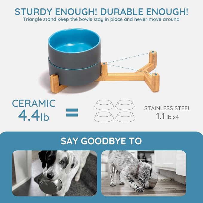 SPUNKYJUNKY Ceramic Dog and Cat Bowl Set with Wooden Stand, Modern Cute Weighted Food Water Set for Small Size Dogs (13.5OZ) & Medium Sized Dogs (28.7OZ) & Cats (3.6 Cups, 2 × Blue-Grey)-Mewly Pet