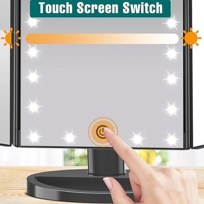FASCINATE Lighted Makeup Mirror, 21 Bright LED Lights, 3x/2x/1x Magnifying Trifold LED Vanity Mirror, Touch Control Dimmable Brightness,180 ° Rotaion