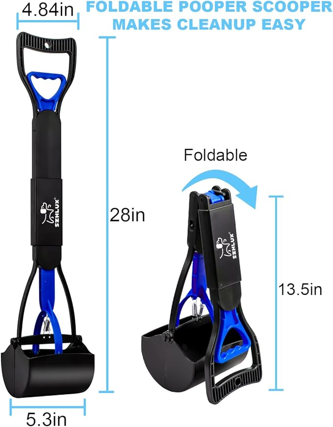 SZHLUX 28" Pooper Scooper, Foldable Dog Pooper Scooper with Unbreakable Material and Durable Spring for Grass and Gravel, Blue-Mewly Pet