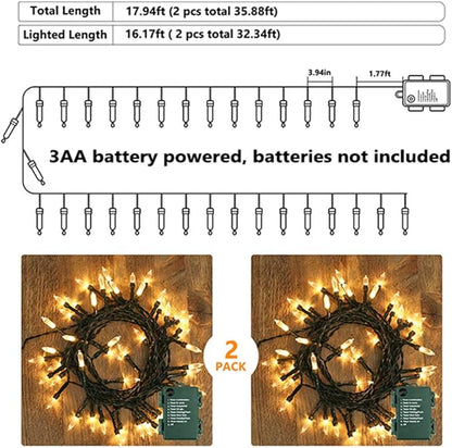 BrizLabs Battery Christmas Lights, 17.94ft 50 LED Warm White Christmas Lights, Green Wire Christmas String Light Indoor/Outdoor, 8 Modes Decorative Holiday Light for Xmas Tree, Wreath, Wedding, 2 Sets