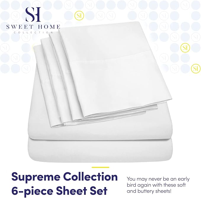 Sweet Home Collection 6 Piece 1500 Supreme Collection Brushed Microfiber Deep Pocket Bed Sheet Set-2 Extra Pillow Cases, Great Value, Rv Short Queen, White