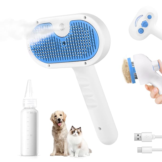 Pet Steam Brush for Dog & Cat - 3-in-1 Steam Grooming Brush for Shedding & Hair Removal - Self Cleaning Spray Comb with Mist for Long Haired Pets, Blue-Mewly Pet
