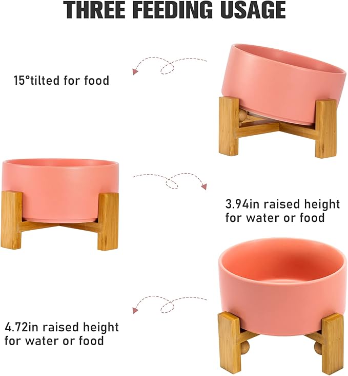 SPUNKYJUNKY 15° Slanted Ceramic Dog and Cat Bowl with Wooden Stand, Tilted Bulldog Food and Water Bowl No Slip Non-Spill for Cats Medium Dogs Big Face Pets 28.7 OZ (3.6 Cups,Pink)-Mewly Pet