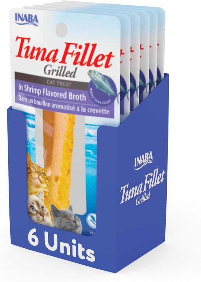 INABA Premium Hand-Cut Grilled Tuna Fillet Cat Treats/Topper with Vitamin E and Green Tea Extract, 0.52 Ounces Each, Pack of 6, Shrimp Broth-Mewly Pet